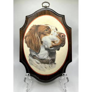 Vintage 1983 signed C Puwys Glass Bead Dog Art Plaque Brittany